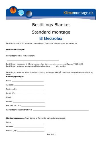 Bestillings Blanket Standard montage - Electrolux