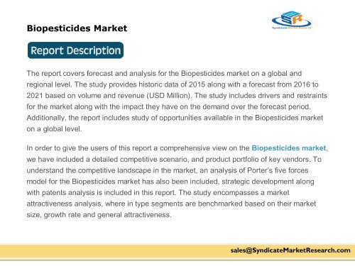Biopesticides Market Segment Forecasts up to 2021, Research Reports- SyndicateMarketResearch