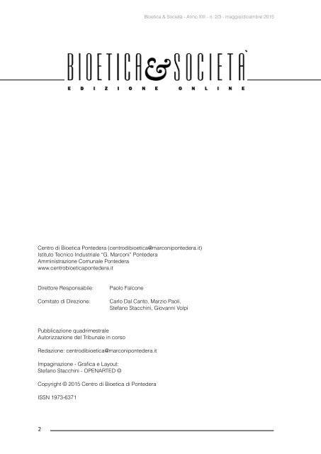 Bioetica & Società Anno XIII - N. 2/3