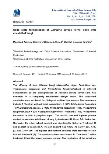 Solid state fermentation of Jatropha curcas kernel cake with cocktail of fungi