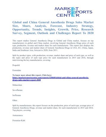 General Anesthesia Drugs Sales Market Challenges And Industry Share To 2020 - Market Reports Center