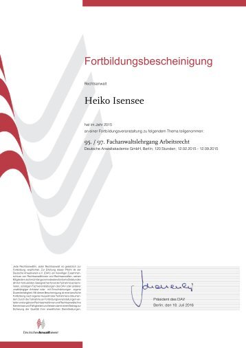 Fortbildungsbescheinigung 2015 Deutscher Anwaltsverein