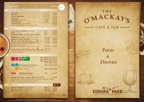Speisekarte O Mackays Cafe and Pub Europa-Park