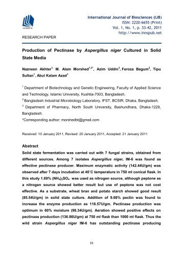 Production of Pectinase by Aspergillus niger Cultured in Solid State Media