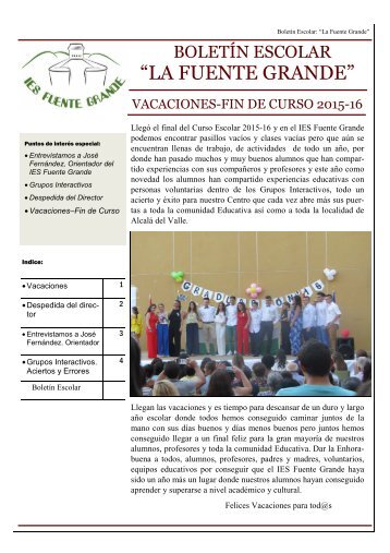 BOLETÍN ESCOLAR: "LA FUENTE GRANDE". EDICIÓN VERANO