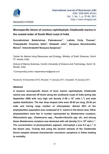 Monospecific bloom of noxious raphidophyte Chattonella marina in the coastal water of South West coast of India