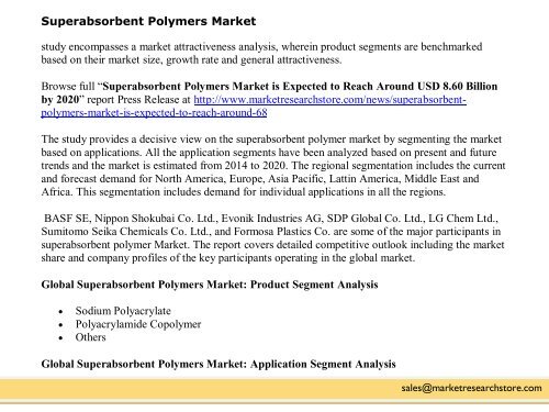 Global Superabsorbent Polymers Market to Expand at 5% CAGR till 2020