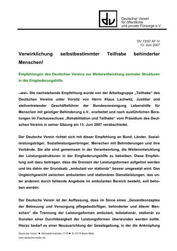 Verwirklichung selbstbestimmter Teilhabe ... - Deutscher Verein