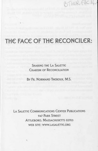 EN_THE FACE OF THE RECONCILER: SHARING THE LA SALETTE CHARISM OF RECONCILIATION