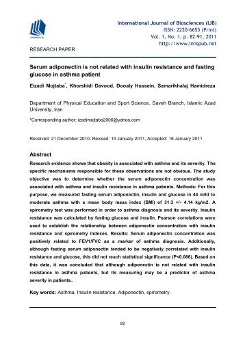 Serum adiponectin is not related with insulin resistance and fasting glucose in asthma patient