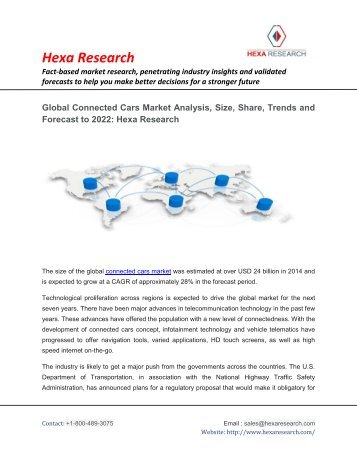Connected Cars Market Size, Share, Growth, Analysis and Forecast To 2022: Hexa Research
