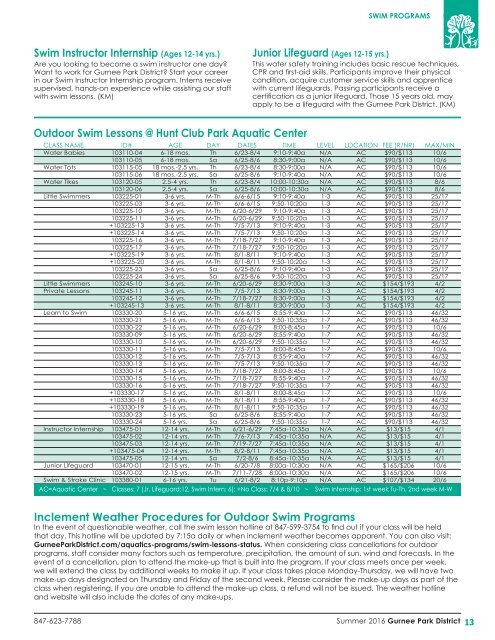 Gurnee Park District Summer 2016 Program and Events Guide