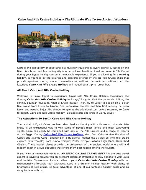 Cairo And Nile Cruise Holiday – The Ultimate Way To See Ancient Wonders