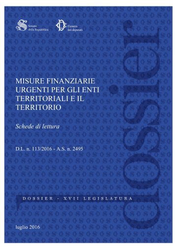 MISURE FINANZIARIE URGENTI PER GLI ENTI TERRITORIALI E IL TERRITORIO