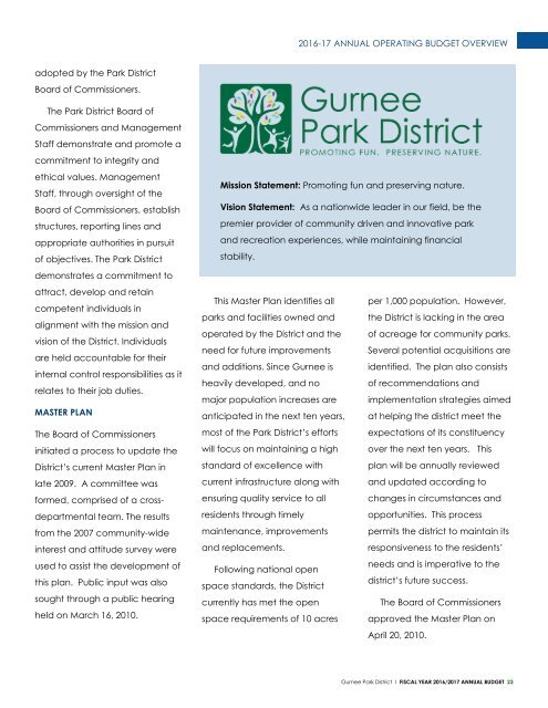 Gurnee Park District 2016-2017 Annual GFOA Budget