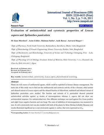 Evaluation of antimicrobial and cytotoxic properties of Leucas aspera and Spilanthes paniculata