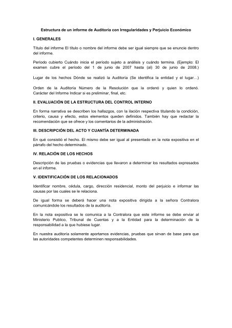 Estructura de un informe de Auditoría Forense con Irregularidades y Perjuicio Económico