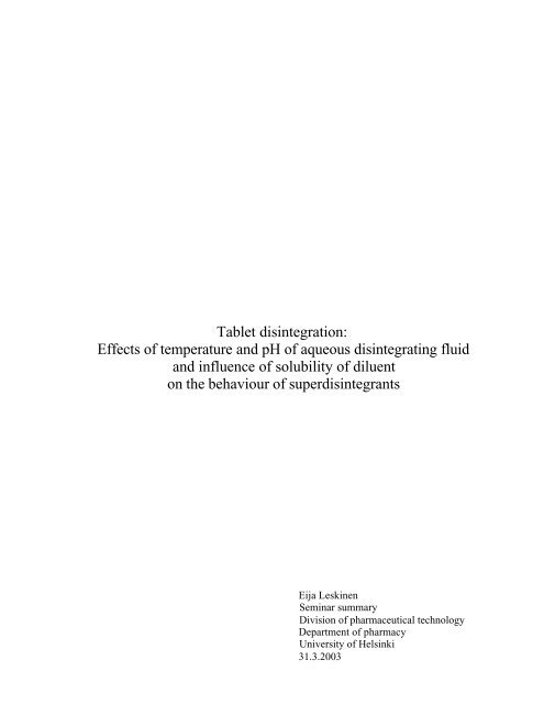 Tablet disintegration: Effects of temperature and pH of aqueous ...