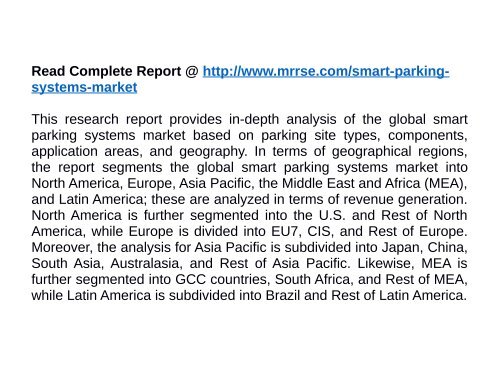 Smart Parking Systems Market :  Historical, Current and Projected industry size and Recent Industry Trends by 2015 - 2022
