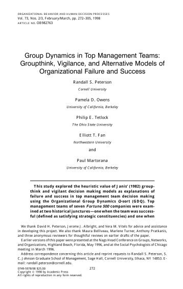 Group Dynamics in Top Management Teams: Groupthink, Vigilance, and Alternative Models of Organizational Failure and Success