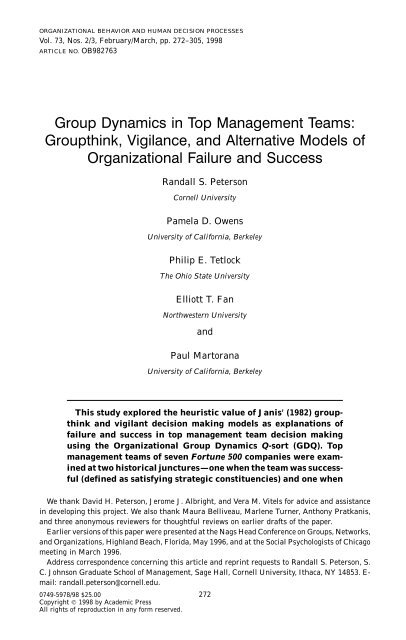 Group Dynamics in Top Management Teams: Groupthink, Vigilance, and Alternative Models of Organizational Failure and Success