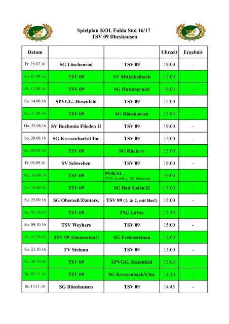 Spielplan KOL Fulda Süd 16-17 TSV 09