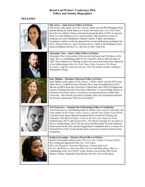 Bread Loaf Writers’ Conference 2016 Fellow and Scholar Biographies FELLOWS