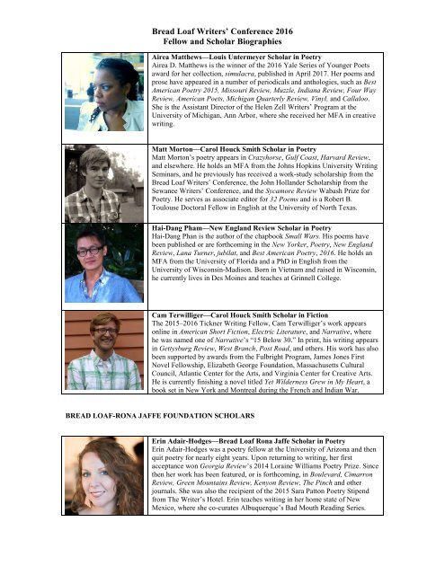 Bread Loaf Writers’ Conference 2016 Fellow and Scholar Biographies FELLOWS