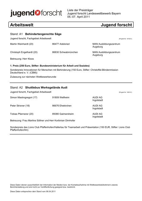 Arbeitswelt Jugend forscht - Jugend forscht 2011