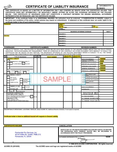 Sample Certificate Of Insurance Sample Certificate Of Insurance