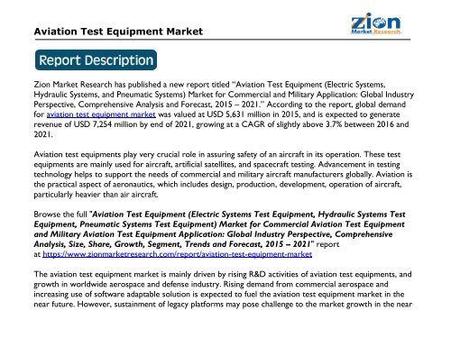 Aviation test equipment Market will Reach USD 7,254 million by 2021, Globally