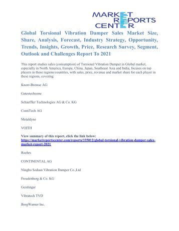 Torsional Vibration Damper Sales Market Growth Analysis Till 2021