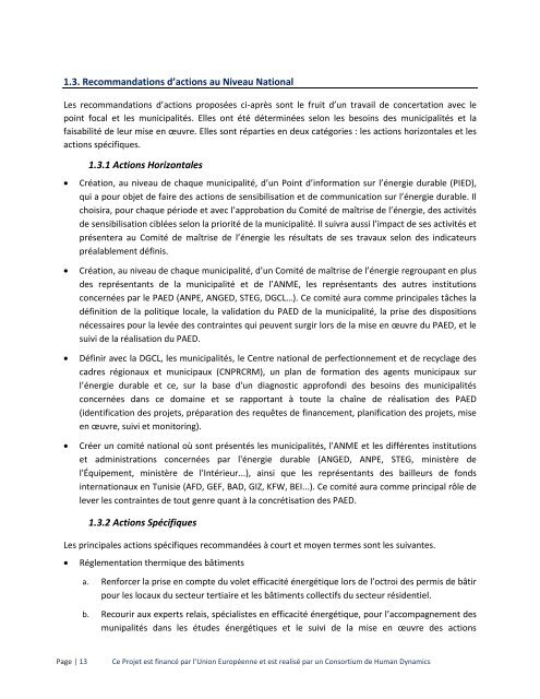 Tunisie Rapport D’étude - Politiques nationales et propositions d’actions en faveur du développement des énergies durables dans la planification et la gestion locale