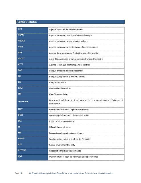 Tunisie Rapport D’étude - Politiques nationales et propositions d’actions en faveur du développement des énergies durables dans la planification et la gestion locale