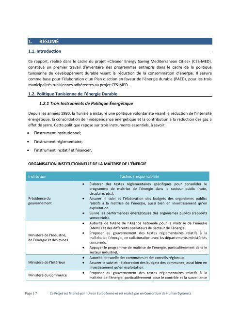 Tunisie Rapport D’étude - Politiques nationales et propositions d’actions en faveur du développement des énergies durables dans la planification et la gestion locale