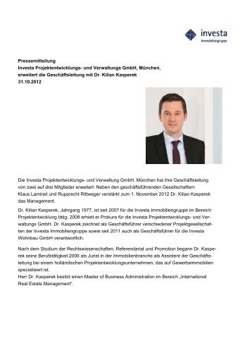 Pressemitteilung Investa Projektentwicklungs- und Verwaltungs ...