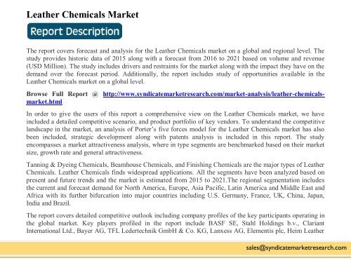 Leather Chemicals Market - Global Industry Perspective, Comprehensive Analysis and Forecast, 2015 – 2021