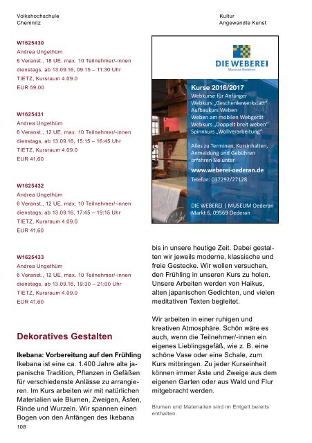 Programmheft der Volkshochschule Chemnitz für das Herbst-/Wintersemester 2016/2017