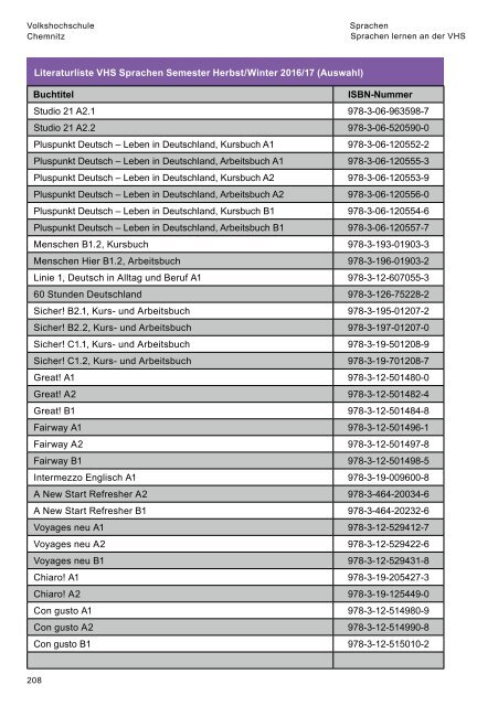 Programmheft der Volkshochschule Chemnitz für das Herbst-/Wintersemester 2016/2017