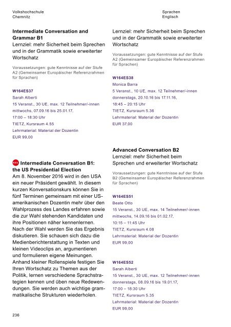 Programmheft der Volkshochschule Chemnitz für das Herbst-/Wintersemester 2016/2017