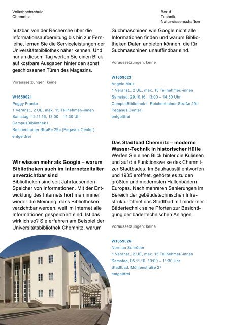 Programmheft der Volkshochschule Chemnitz für das Herbst-/Wintersemester 2016/2017