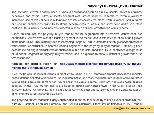 Polyvinyl Butyral Resins Market will grow at a CAGR of 5.4%, globally during 2016 and 2021