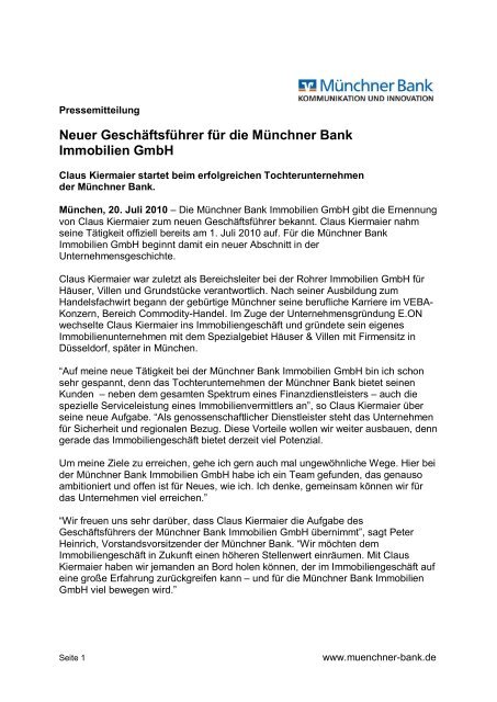 Neuer Geschäftsführer für die Münchner Bank Immobilien GmbH