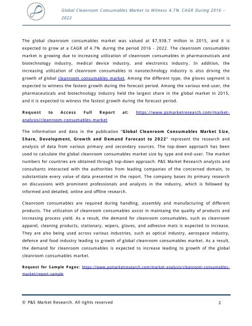 Cleanroom Consumables Market Trends, Size, Share, Development and Demand Forecast to 2022