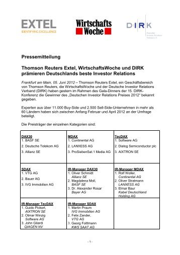 Pressemitteilung Thomson Reuters Extel, WirtschaftsWoche ... - DIRK