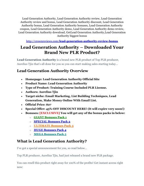 Lead Generation Authority review and (MEGA) bonuses