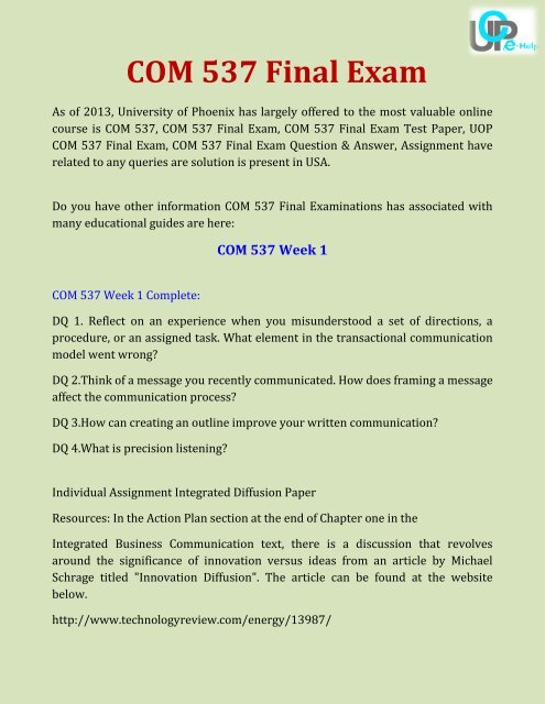 UOP E Help : COM 537 Final Exam : Questions and Answers