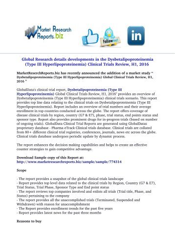 Dysbetalipoproteinemia (Type III Hyperlipoproteinemia) Global Clinical Trials Review, H1, 2016 