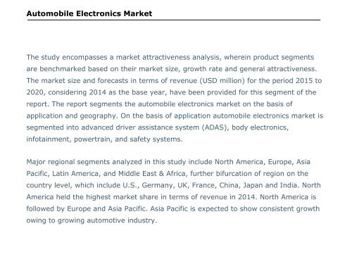 Automobile Electronics Market – Global Industry Perspective, Comprehensive Analysis and Forecast, 2015 - 2021