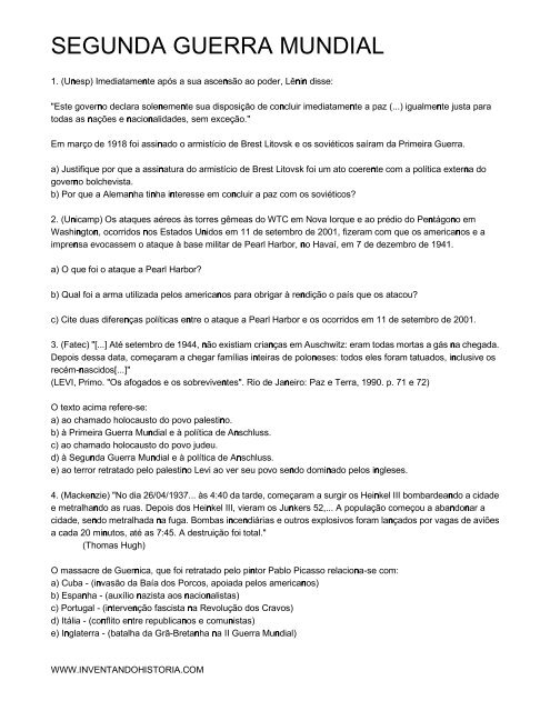 Exercícios – Segunda Guerra Mundial - Inventando História